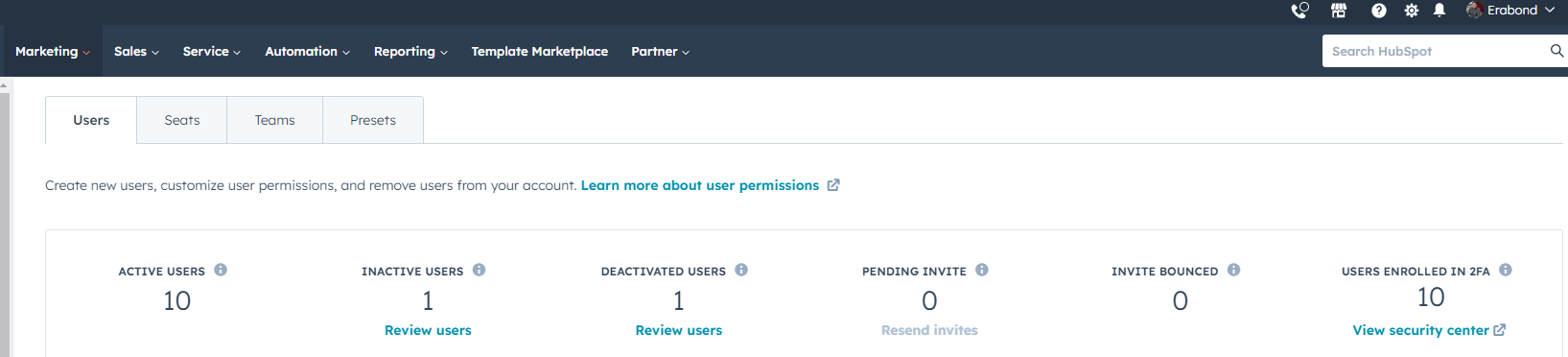 screenshot of hubspot account user view